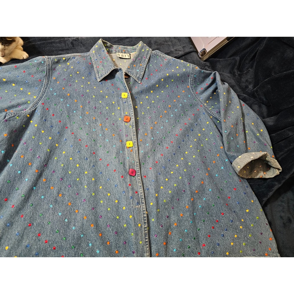 Keren Hart Womens 4X Denim Shirt Rainbow Embroidered Polka Dot Square Buttons